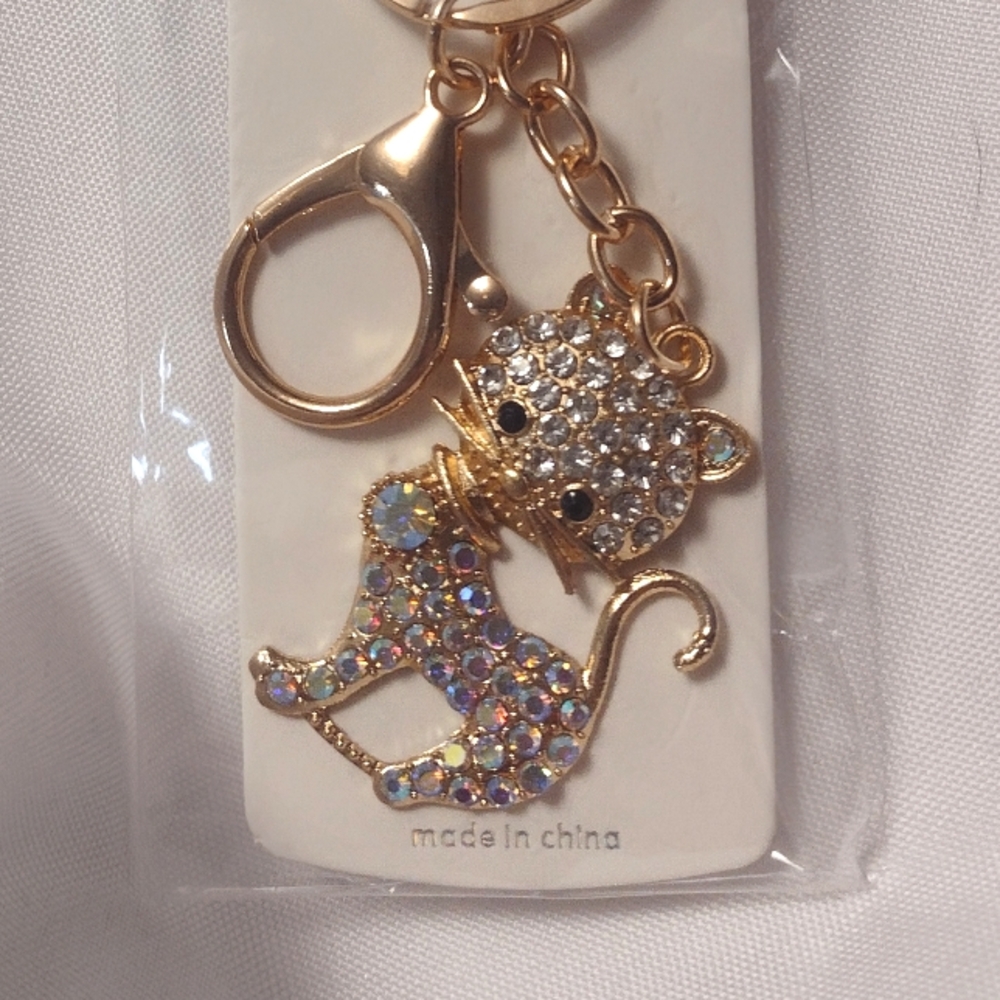 NWT Gold Tone CLEAR AB Rhinestone Cat Keychain Purse Charm Clip Car House Feline
